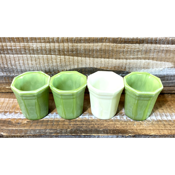 Set 4 Vintage 1930s Akro Agate Green Slag Jadeite Shot Drink Glasses 2" - Picture 4 of 13